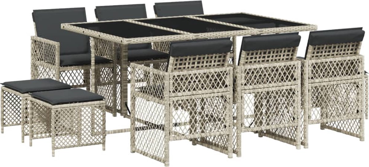 VidaXL 11-delige Tuinset met kussens poly rattan lichtgrijs