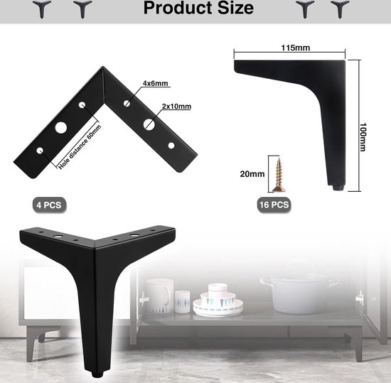 LXVPKH 4-delige metalen meubels tafelpoten, taps toelopende salontafel vervangende poten, doe-het-zelf bankpoten met schroeven, zwart (70 cm, verticaal) (kleur: hellend, maat: 20 cm