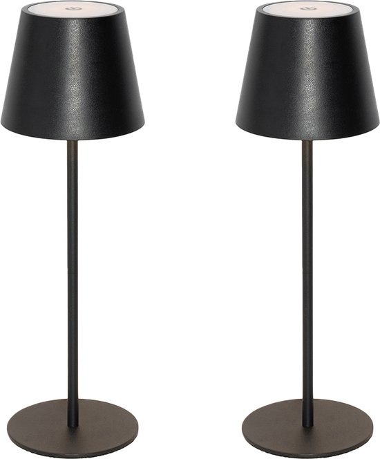 QAZQA Murdock - Lampe de table LED moderne, rechargeable sans fil, avec variateur d'intensité et port USB - 2 pièces - H 36 cm - Zwart - Éclairage extérieur