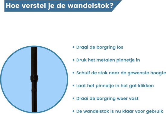 Deel van een wandelstok dat het mechanisme voor het aanpassen van de hoogte toont, met stappen zoals het losdraaien van de borgring en het vastklikken van de pin.