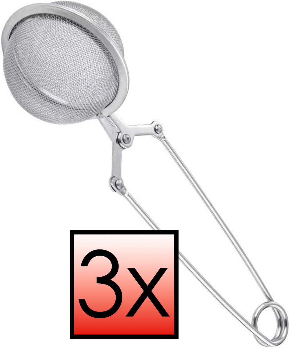 Theezeef met Knijper Thee Filter RVS Thee Ei - Theefilter voor Losse Thee - Zilver -3x