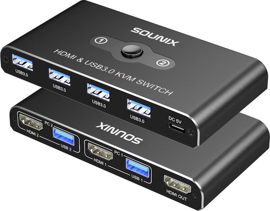 Sounix KVM switch met HDMI Switch - HDMI Switch - 4K Ultra HD - USB 3.0 Switch - 2 PC's delen 4 x USB 3.0 poorten - Zwart
