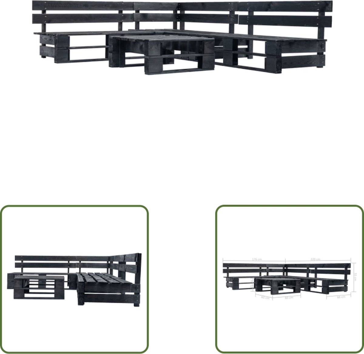 The Living Store 4-delige Loungeset pallet hout zwart - Lounge Set - Pallets - Tuinset - Buitendecor - Tuinmeubels