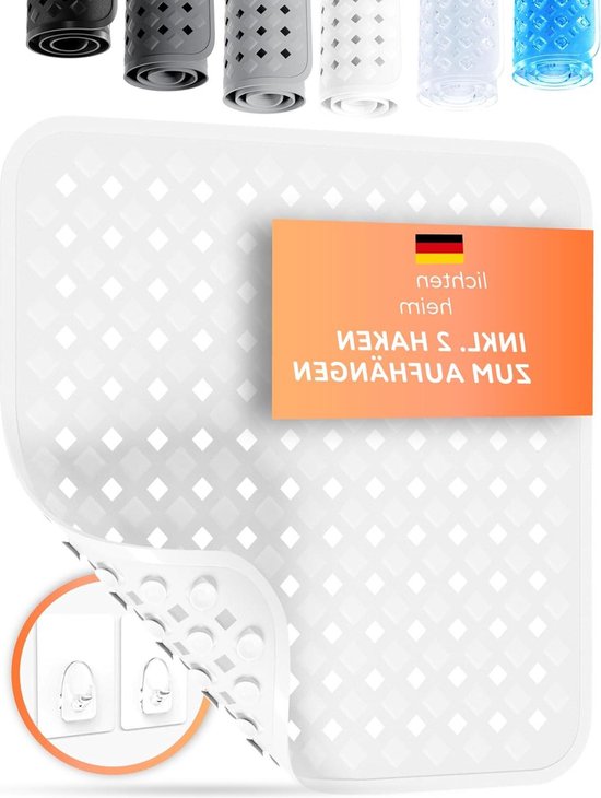 LICHTENheim Douchemat, antislip, huidgevoelig, 100 x 40 cm, inclusief 2 haken, badmat, antislip, BPA-vrij, badmat, schimmelbestendig en wasbaar (doorzichtig
