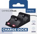 Verpakking van een zwarte laaddock voor twee PS4-controllers. Tekst: 'DUO CHARGE DOCK', 'USB POWERED', 'CHARGING INDICATOR'.