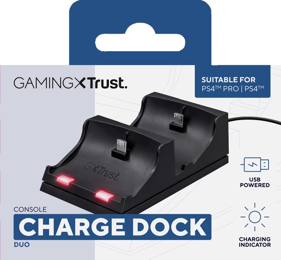 Verpakking van een zwarte laaddock voor twee PS4-controllers. Tekst: 'DUO CHARGE DOCK', 'USB POWERED', 'CHARGING INDICATOR'.