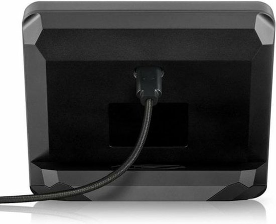 Achterkant van de zwarte Stream Deck+ met USB-C kabel aangesloten.