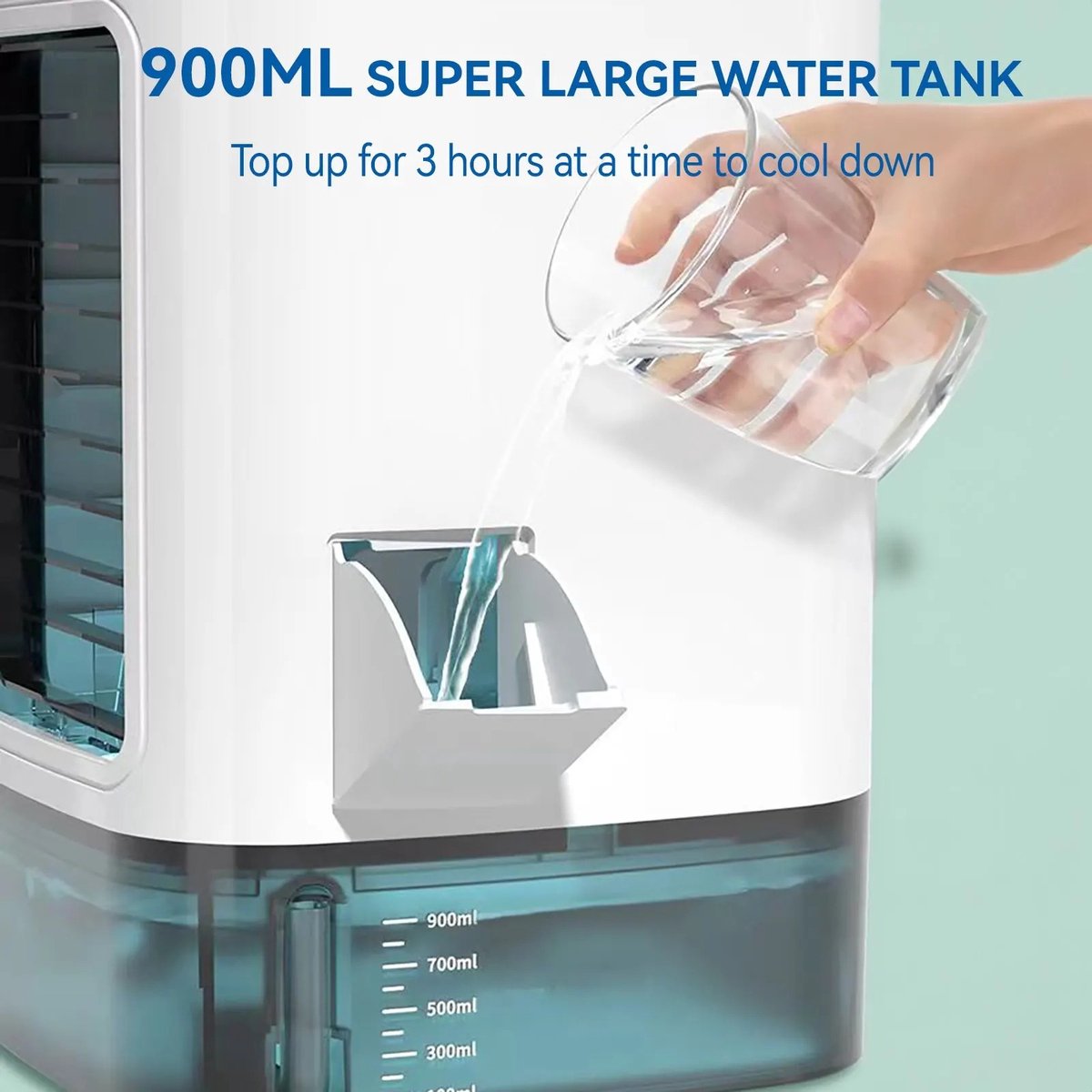 Draagbare Airconditioner - Sterke Mini Ventilator - Weinig geluid - 3 Standen - 900ml Watertank - Met Luchtbevochtiger - Voor Slaapkamer - Kantoor - Wit - 16.5x16.5x24cm — afbeelding 10