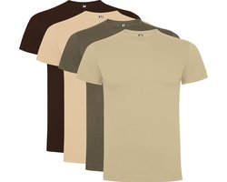 4 Pack Dogo Premium Heren T-Shirt 100% katoen Ronde hals Zand, Creme, Walnoot, Chocolade, Maat M