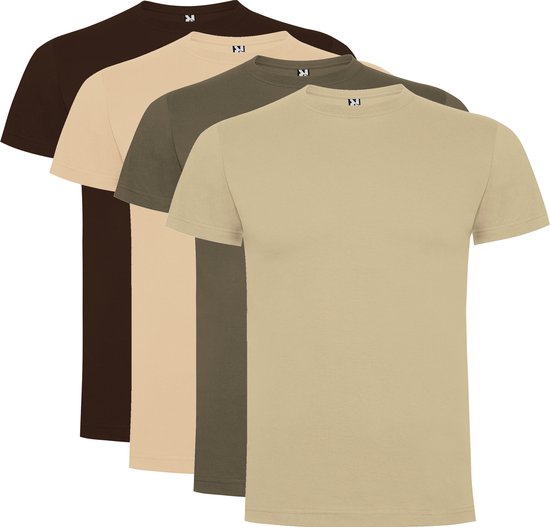 4 Pack Dogo Premium Heren T-Shirt 100% katoen Ronde hals Zand, Creme, Walnoot, Chocolade, Maat M