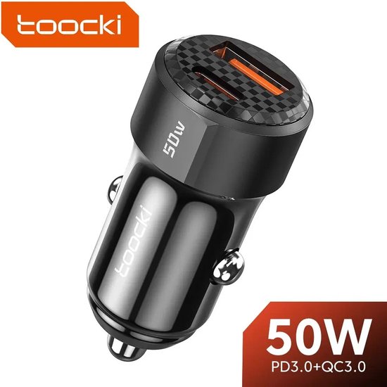 Toocki USB Lader 50W - USB-A en USB-C - voor Auto - 2 Poorten - USB-A 20W - USB-C 30W - 12/24 Volt - Zonder Kabel - Zwart