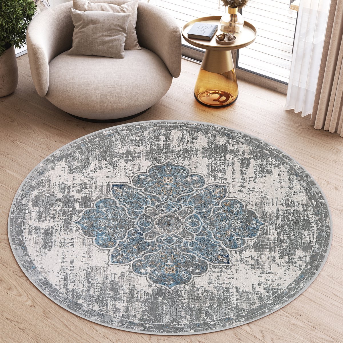 Tapiso Valley Rond Vloerkleed Grijs Blauw Gezaagd Laagpolig Tapijt Maat- 240x240