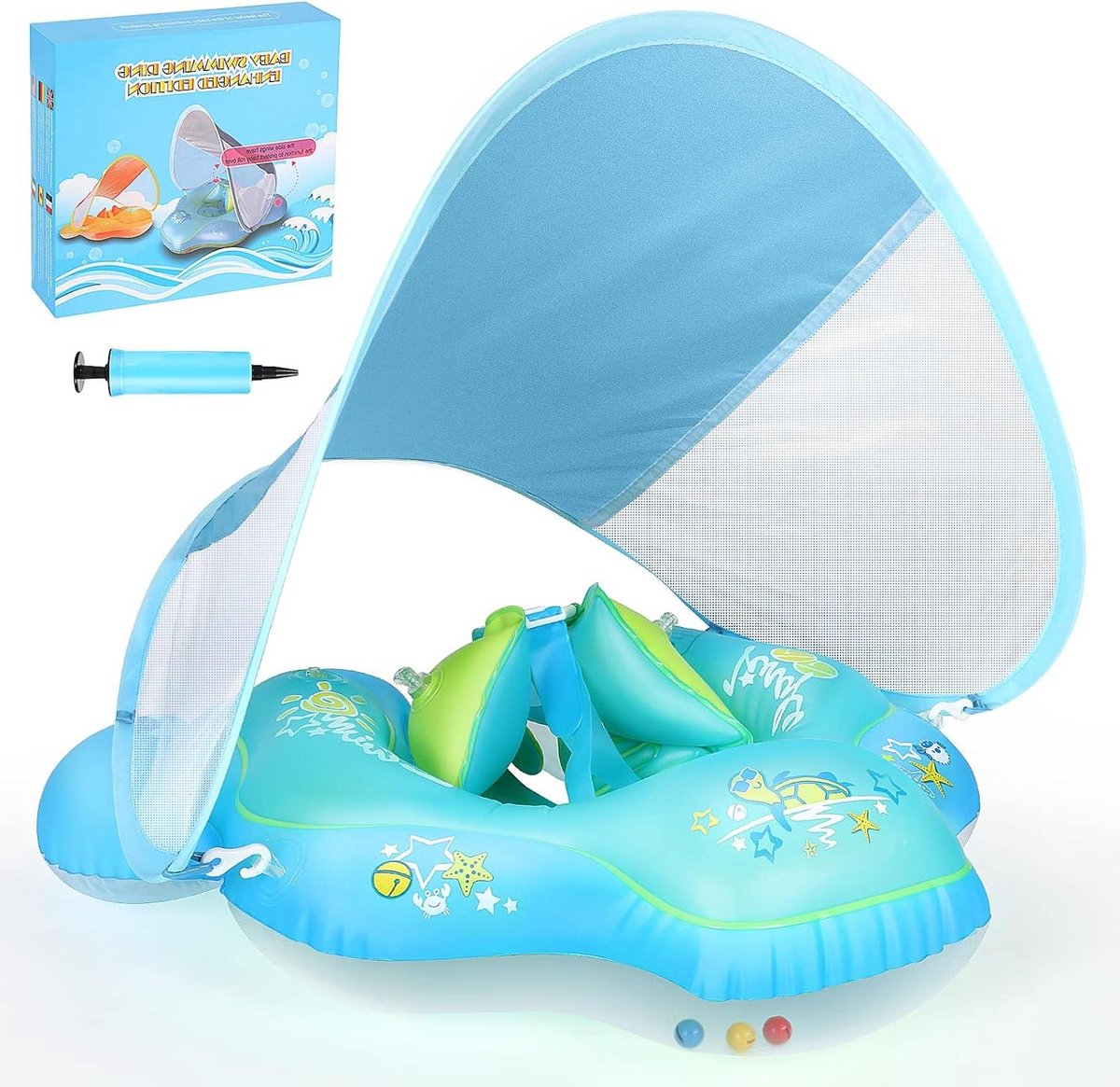 Goedkoopste Baby Zwembad Opblaasbaar Zwemvlotter met Zonnekap voor Pasgeboren Baby - Leren Zwemmen - Zwemring met Zitje & Pomp - 6-36 Maanden Baby Zwembad