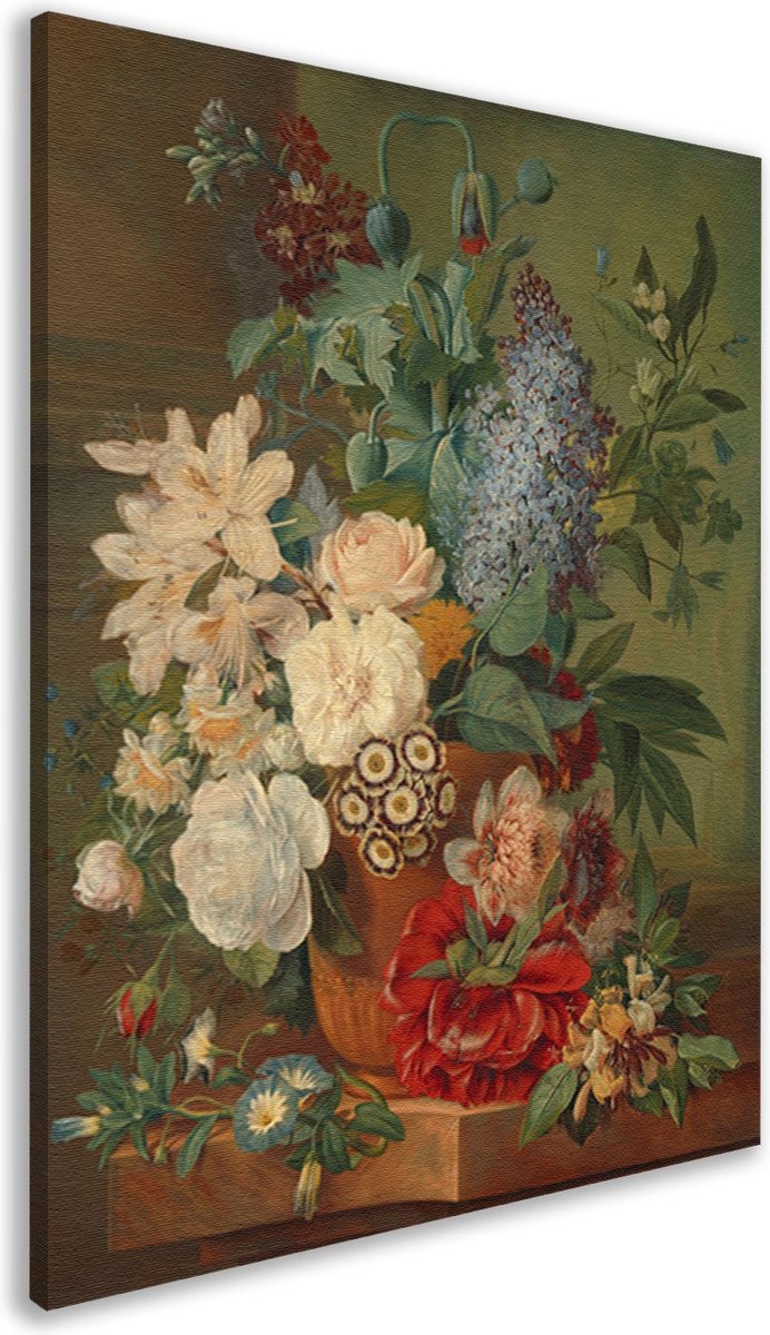Bloemen in een terracotta vaas - Albertus Jonas Brandt schilderijen - Bloemen wanddecoratie - Muurdecoratie Natuur - Landelijk schilderij - Canvas schilderijen woonkamer - Kunstwerken schilderij canvas 60x90 cm