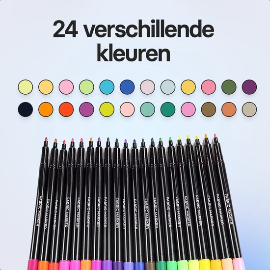 24 cercles montrant les couleurs des marqueurs textiles, avec une rangée de marqueurs en dessous.