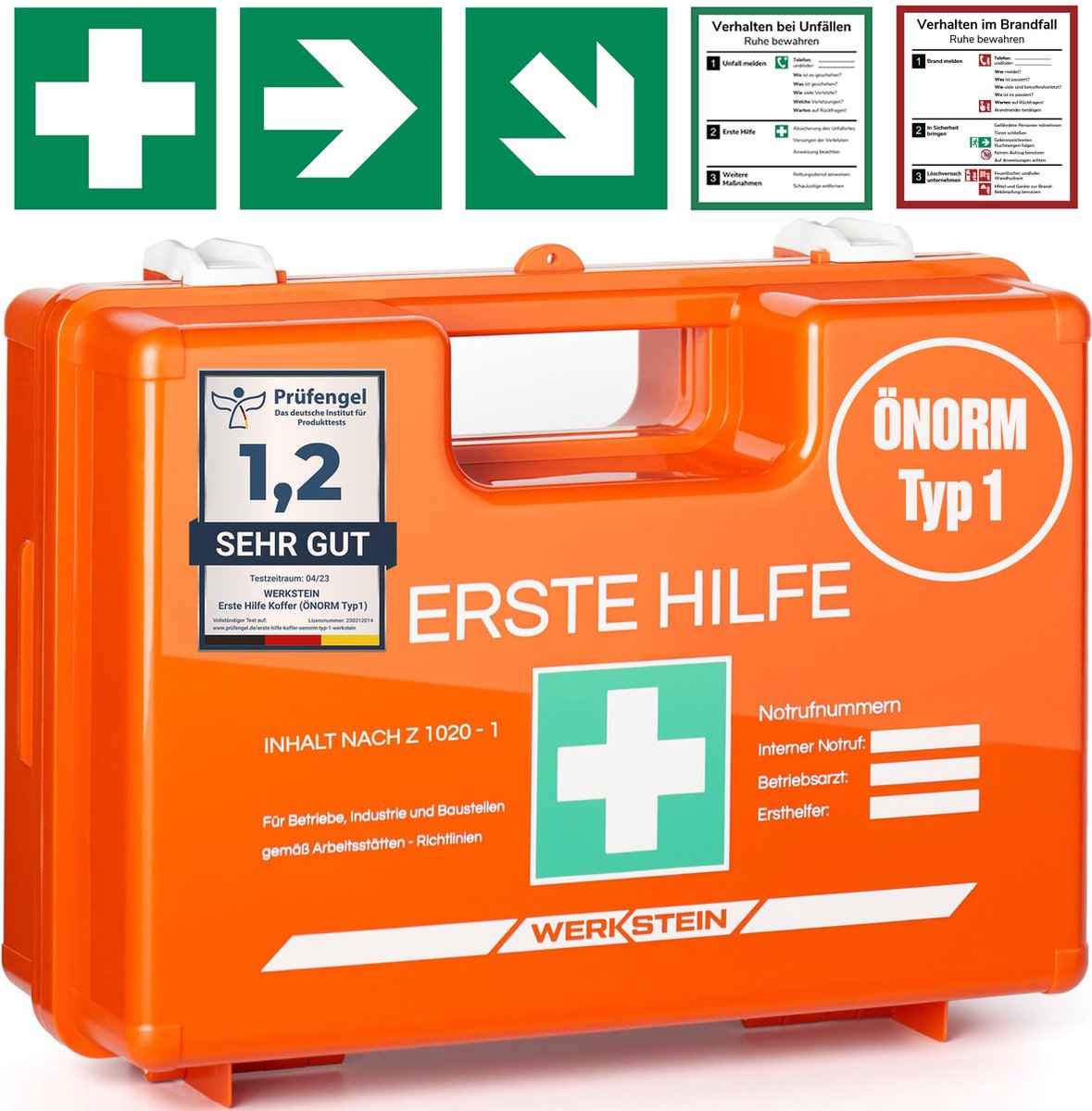 Goedkoopste WERKSTEIN EHBO koffer ÖNORM Z1020 Type 1 - EHBO doos inclusief praktische muurbeugel, 5x stickers, gezichtsmasker, vochtige doekjes & zegel - EHBO opbergbox set voor bedrijven, instellingen en thuis