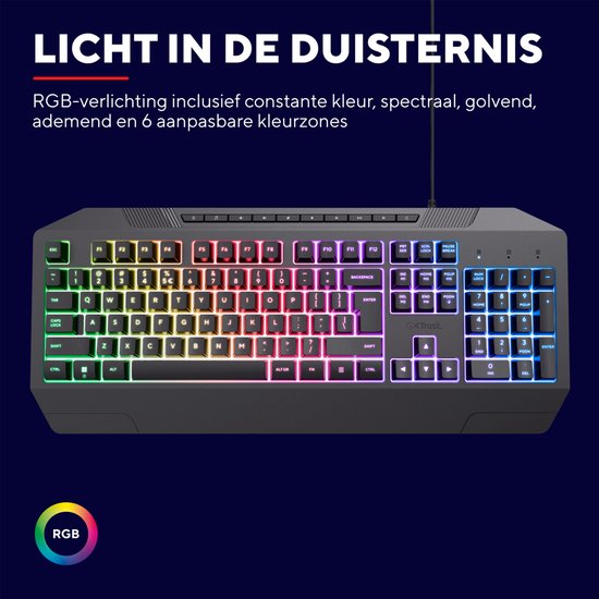 Trust GXT836 Evocx - Clavier Gaming avec Siècle des Lumières - Repose-poignets - Touches multimédia - Qwerty US - Zwart