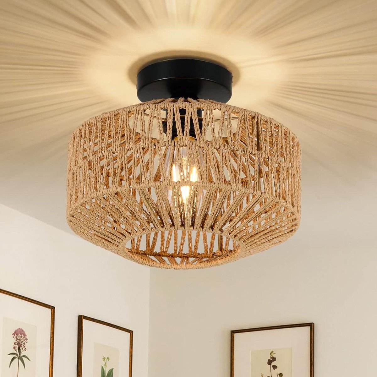 Plafondlamp Mulstrand, moderne plafondlamp van metaal en sisal in zwart/natuur, lamp in vintage design met lichteffect, 2 lampen, 2 x E27 fitting, zonder gloeilampen