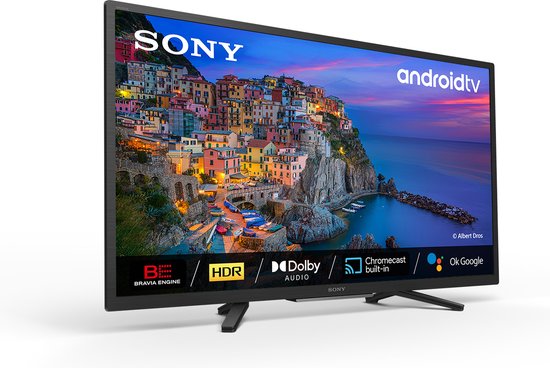 Sony Android TV met een afbeelding van de kust van Cinque Terre, met "Bravia Engine", "HDR", "Dolby Audio", "Chromecast built-in" en "Ok Google".