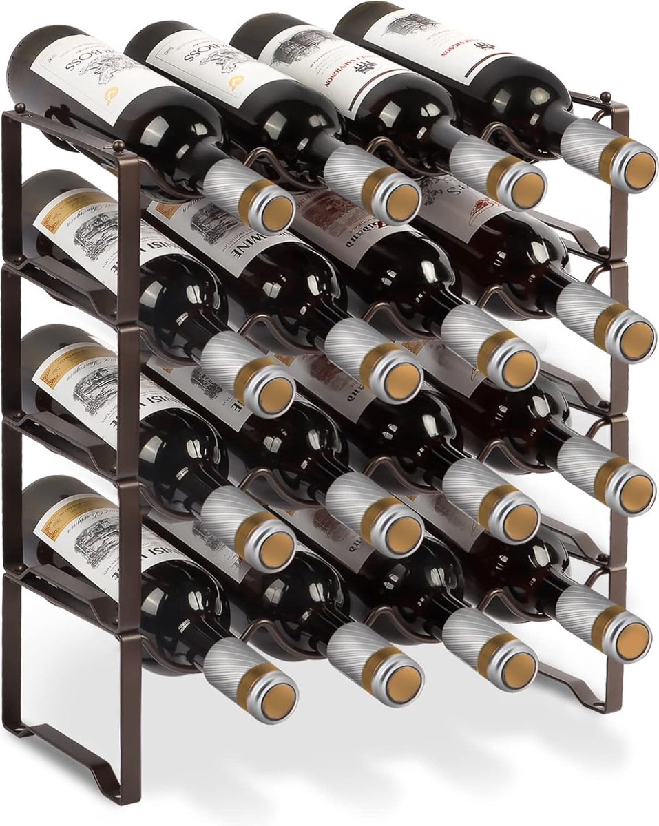 Wijnrek, metaal, stapelbaar, flessenrek voor 16 flessen, voor kelder, bar en opslagruimte, stabiele modulaire uitbreidbare flessen en wijnopslag (4 etages)