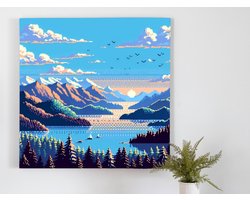 Pixel art landschap schilderij | Minecraft-meesterwerk: een betoverend landschap in digitale pixelpracht | Kunst - 60x60 centimeter op Forex | Foto op Forex