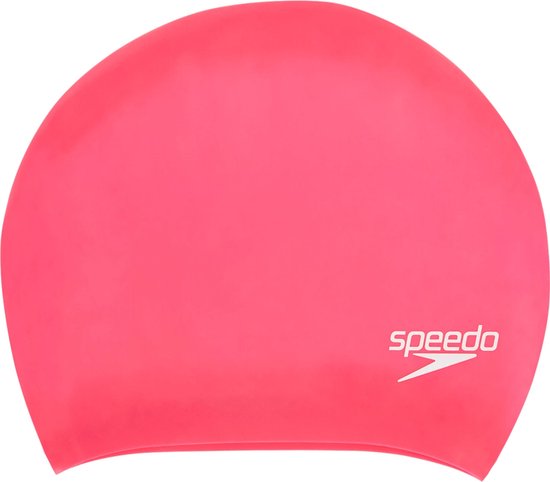 Roze Speedo badmuts met wit logo.