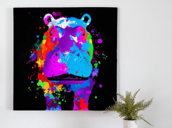 Rainbow splatter hippo | Rainbow Splatter Hippo | Kunst - 20x20 centimeter op Dibond | Foto op Dibond