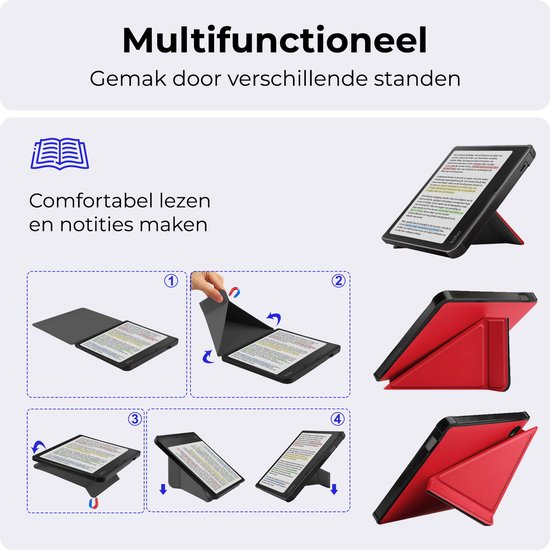Hoesje Geschikt voor Kobo Libra Colour Hoesje Luxe Bescherm Case Trifold Met Screenprotector - Hoes Geschikt voor Kobo Libra Colour Hoes Book Cover - Rood van Hoesje  — afbeelding 5