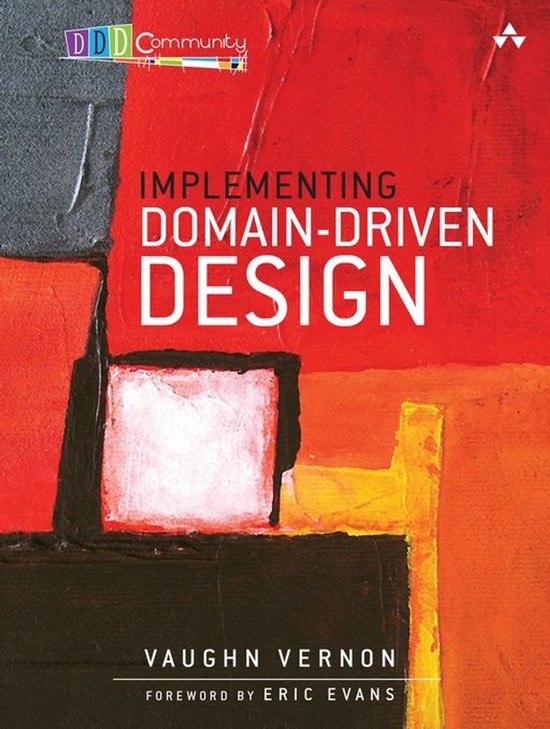 Livre 'Implementing Domain-Driven Design' avec des éléments de couleur abstraits rouges et oranges.
