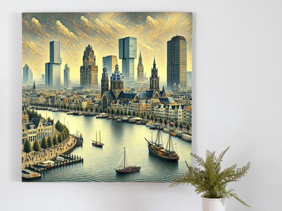 Olieverf rotterdam artwork | Rotterdams meesterwerk: Een schilderij vol passie, kleur en geschiedenis | Kunst - 30x30 centimeter op Canvas | Foto op Canvas