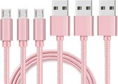 3x Micro USB naar USB A Nylon Gevlochten Kabel Roze - 1 meter - Oplaadkabel voor Huawei MediaPad T5 (10.1" 2018) / MediaPad T3 (10" 2017) / MediaPad M5 Lite (8" 2019) / MatePad T8 (8" 2020)