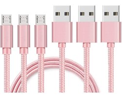 3x Micro USB naar USB A Nylon Gevlochten Kabel Roze - 1 meter - Oplaadkabel voor Huawei MediaPad T5 (10.1" 2018) / MediaPad T3 (10" 2017) / MediaPad M5 Lite (8" 2019) / MatePad T8 (8" 2020)