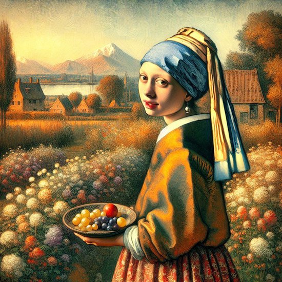 Olieverf vermeer schilderij | Vermeer's Meesterwerk: een Verfijnde Reflectie van de Olieverf Kunst | Kunst - 100x100 centimeter op Dibond | Foto op Dibond