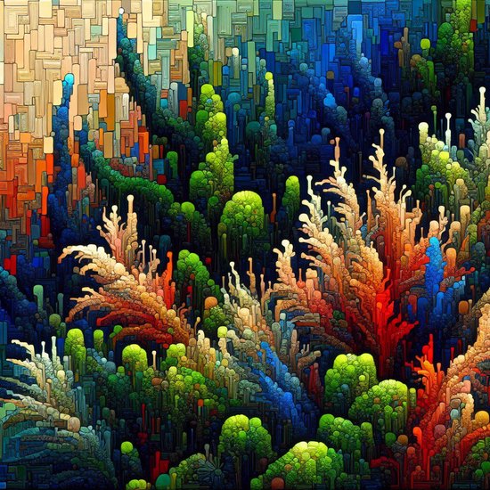Acryl mos schilderij | Dwalen door het groene universum: een acryl mosschilderij | Kunst - 100x100 centimeter op Canvas | Foto op Canvas