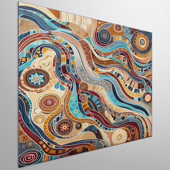Abstract aboriginal schilderij | Primitieve expressie: Intrigerend samenspel van abstractie en cultuur | Kunst - 60x60 centimeter op Canvas | Foto op Canvas