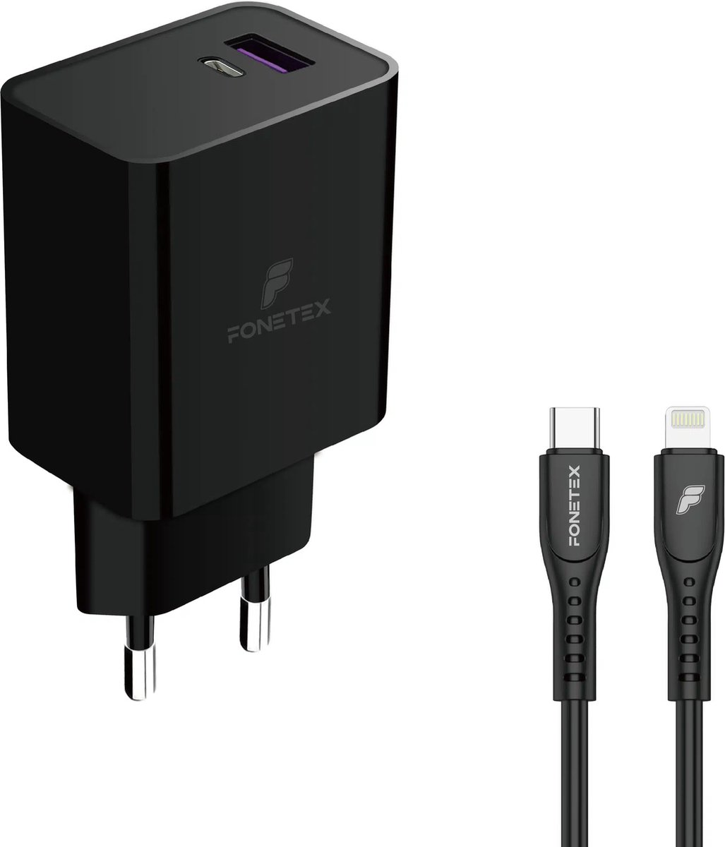 FoneTex - Oplader - USB-C Snellader - USB - 20W - Quick Charge 3.0 - Zwart - Type-c to 8-pin