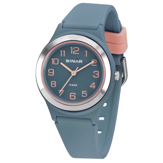 Sinar - Horloge Kind / Tiener / Jeugd - Kinderhorloge Meisje / Tiener / Jeugd - 10 bar Waterdicht - Analoog - Blauw / Rosé - Ø 36 mm - Stevig Siliconen bandje - Verstelbaar (13 - 18,5 cm) - Edelstalen Sluiting - Quartz - XB-48-22