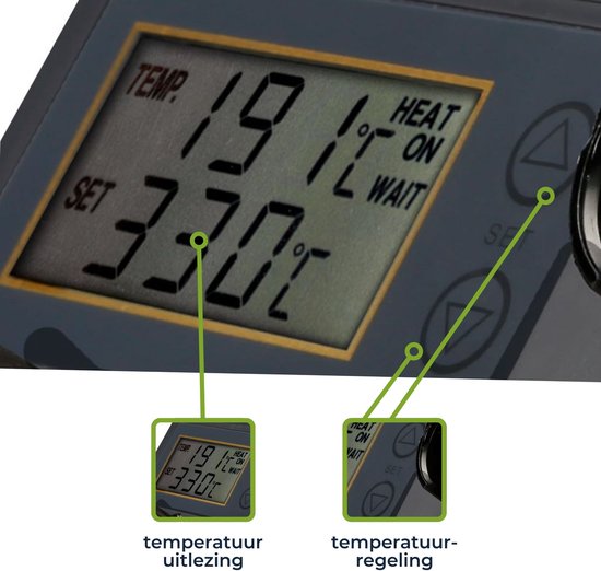 Close-up van Velleman soldeerstation LCD-scherm dat temperatuur weergeeft, met knoppen voor temperatuurregeling.