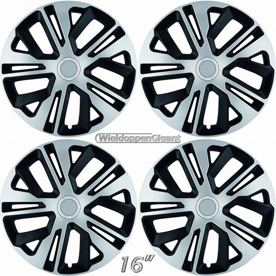 Vier wieldoppen van 16 inch, zilverkleurig met zwart design en chromen ring.