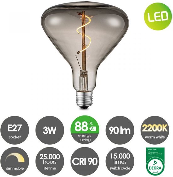 Rookkleurige LED gloeilamp, 3W, 90lm, 2200K warm wit licht, dimbaar, E27 fitting. Energiebesparing 88%.