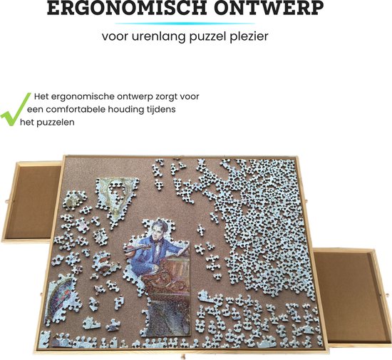 Puzzelbord met een deels gelegde puzzel en uitgetrokken lades, met tekst over ergonomisch ontwerp.