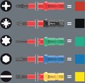 Illustratie die vijf schroevendraaierpunten toont: kruiskop, Torx, Torx, inbus en plat, met corresponderende kleuren.