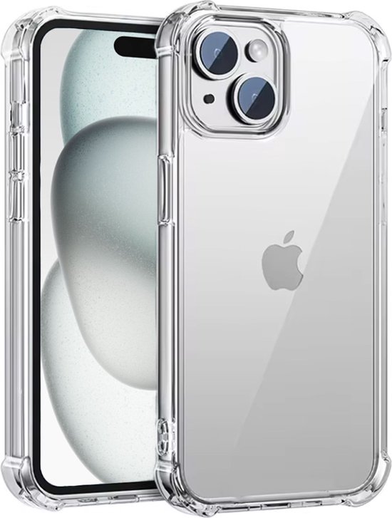 Transparante hoes voor iPhone 15 Plus met verstevigde hoeken en dubbele camera opening.