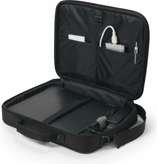 Sacoche d'ordinateur portable noire ouverte, avec des poches pour accessoires tels qu'une powerbank, un stylo et un chargeur.