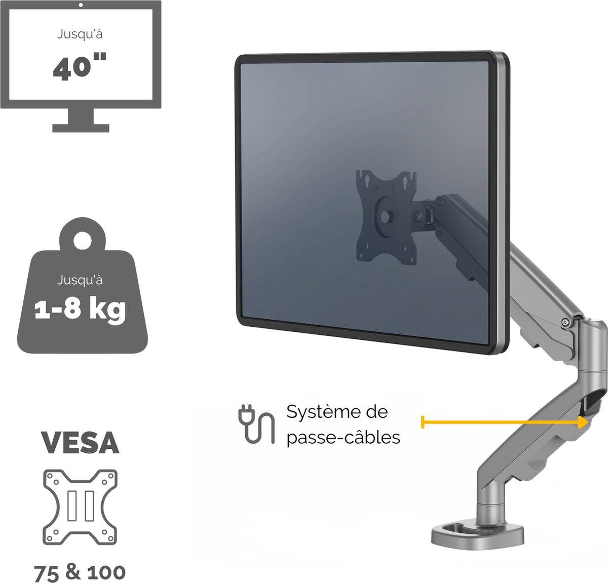 Fellowes enkele monitor arm Eppa - voor 1 scherm - tot 40 inch - zilver thumbnail 6