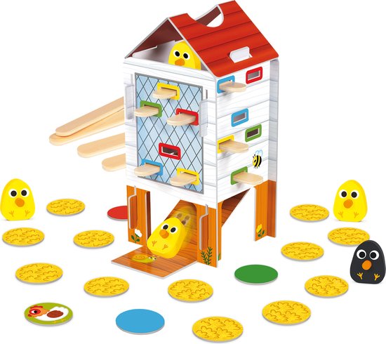 Kippenhok spel met gele kuikens en een zwarte kip, omringd door eivormige tegels.