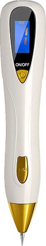 Witte en gouden plasma pen met digitaal scherm en op/aan-knop, geïsoleerd op witte achtergrond.