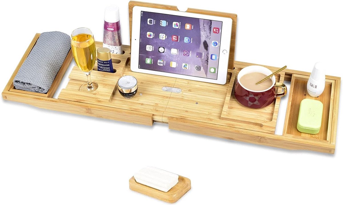 Uittrekbare Wijnglashouder, Badkuiptablet & Zeepschaal met iPad-standaard - Multifunctionele Badplank voor Optimaal Badgenot - Verstelbare Breedte, Duurzaam en Stabiel - Luxe Badaccessoire