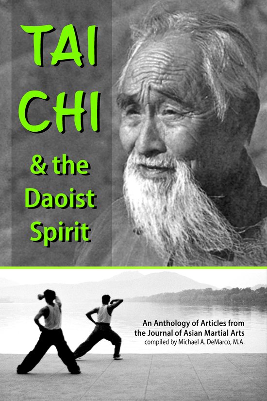 Boekomslag 'Tai Chi & the Daoist Spirit' met portret van oude man en twee personen die Tai Chi beoefenen.