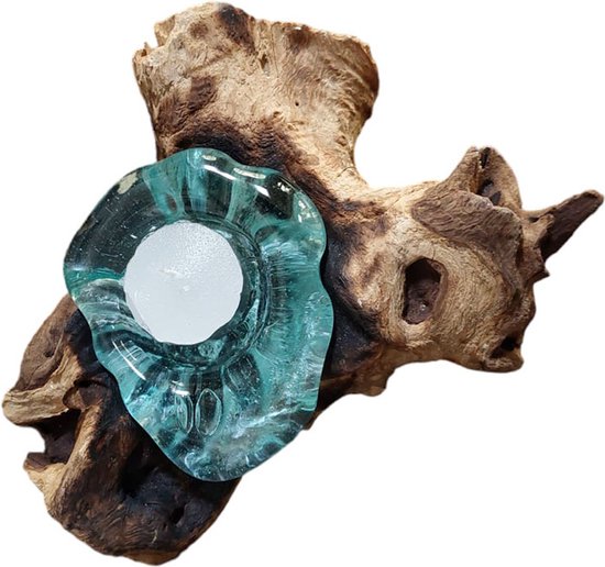 Floz Design waxinelichtjeshouder glas en drijfhout - woonaccessoire drijfhout - uniek geschenk - fairtrade en kwaliteit - 20x16 cm